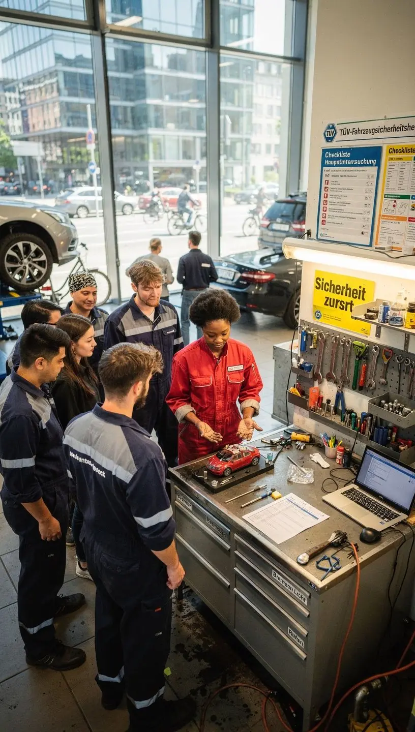 Fahrzeug auf Hebebühne bei umfassender Sichtprüfung vor TÜV-Inspektion
